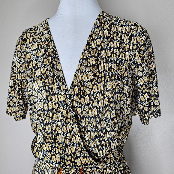 Zara M Black Floral Micro Pleat V Neck Jumpsuit Boho Wedding Special Occasion - Picture 2 of 7